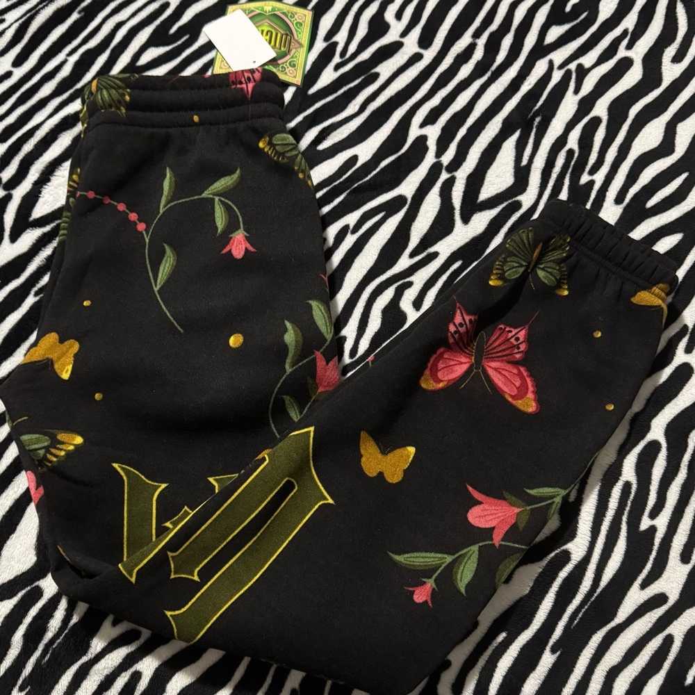 Wicked Graphic Print Fleece Jogger Bottoms Black Floral & Butterfly Print XXS